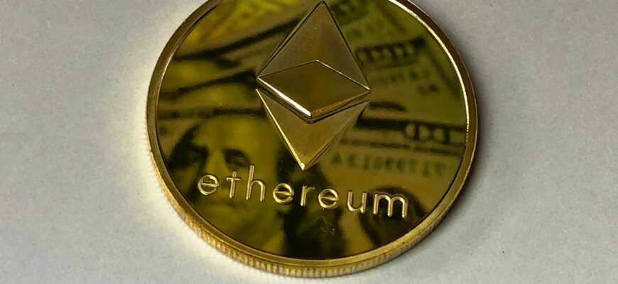 Close-up of a shining Ethereum coin reflecting a dollar bill, symbolizing digital currency and wealth.