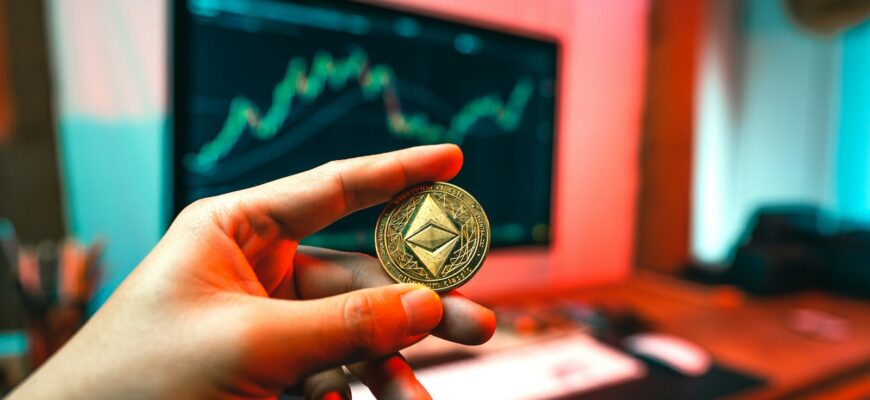 a person holding a coin in front of a computer